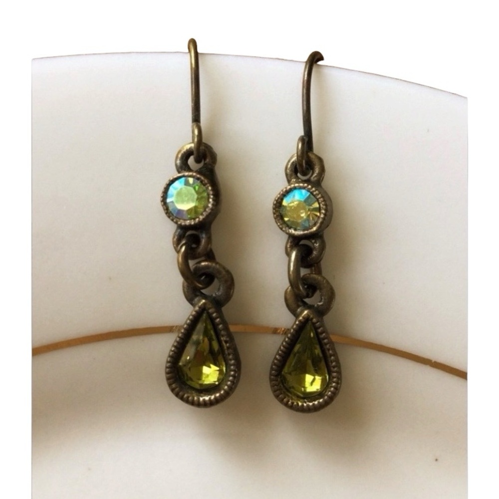 Vtg 1928 Brand Antiqued Gold-tone Green Amber Rhinestones Necklace Earrings Set - Picture 10 of 11
